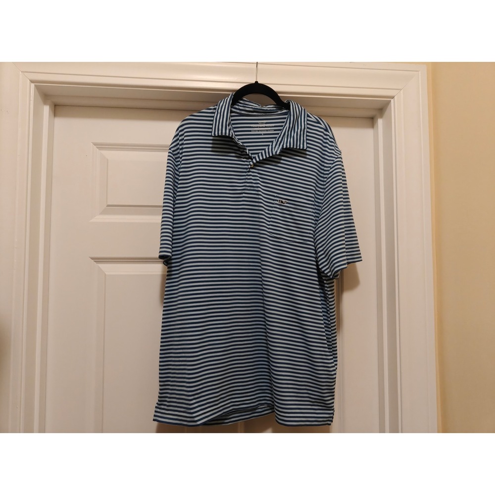 Vineyard Vines Mens Performance Striped Polo Shirt‎ Blue Short Sleeve Large